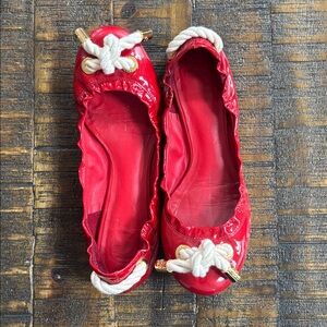 Tory Burch Red Patent Ballet Flats With Cute Nautical Knot Accent